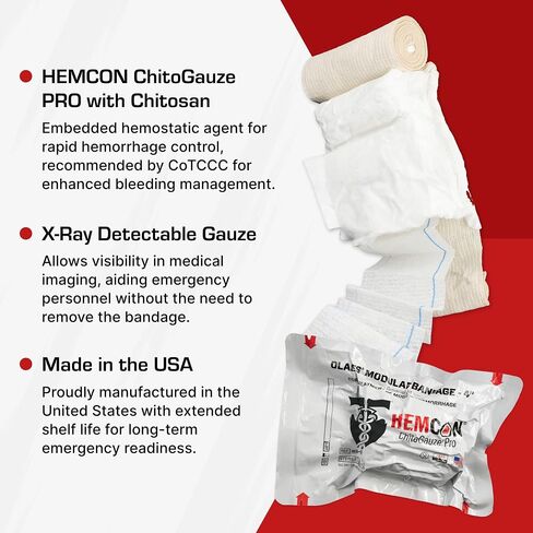 ضمادة OLAES للصدمات المرقئية مقاس 4 بوصات مع HemCon ChitoGauze PRO، مقاس 4 بوصات عرض × 7 بوصات طول × 2.5 بوصة عمق ضمادة ضغط مرقئ - تضميد جروح الطوارئ خالي من اللاتكس، حلول TacMed in Kuwait