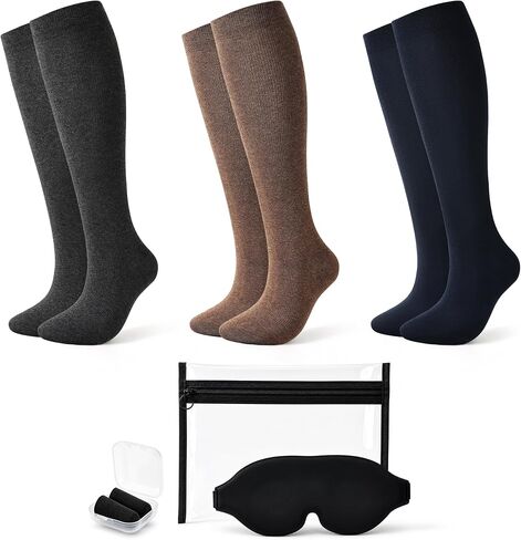 Jeasona Cotton Compression Socks for Women Men Flying 15–20 mmHg 3 Pairs Circulation Support Socks for Athletic Flight Daily Wear, Travel Essentials with Eye Mask, Ear Plugs& Clear Bag (S-M) in Kuwait