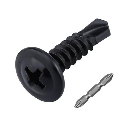200pk #10 x 3/4" Black Wafer Head Self-Drilling Metal Screws, 410SS + Bit | 50mm Phillips Bit Included, Black E-coated 410 Stainless Steel, Modified Truss Head Self Tapping Tek Screws in Kuwait
