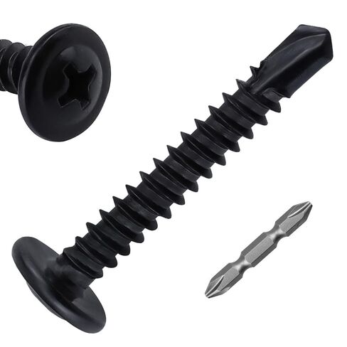 200pk #10 x 3/4" Black Wafer Head Self-Drilling Metal Screws, 410SS + Bit | 50mm Phillips Bit Included, Black E-coated 410 Stainless Steel, Modified Truss Head Self Tapping Tek Screws in Kuwait