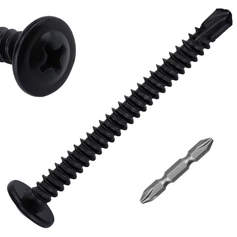 200pk #10 x 3/4" Black Wafer Head Self-Drilling Metal Screws, 410SS + Bit | 50mm Phillips Bit Included, Black E-coated 410 Stainless Steel, Modified Truss Head Self Tapping Tek Screws in Kuwait