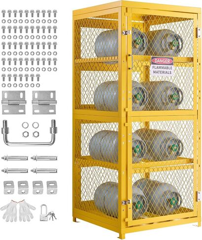 VEVOR Horizontal Cylinder Storage Cabinet, 30"L x 30"W x 70.3"H, 8 Cylinder Capacity, 4-Tier Propane Storage Cage, with Lock and Keys, Yellow Powder-Coated Carbon Steel, for Propane, Oxygen, Nitrogen in Kuwait