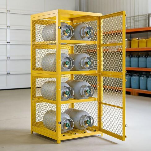 VEVOR Horizontal Cylinder Storage Cabinet, 30"L x 30"W x 70.3"H, 8 Cylinder Capacity, 4-Tier Propane Storage Cage, with Lock and Keys, Yellow Powder-Coated Carbon Steel, for Propane, Oxygen, Nitrogen in Kuwait