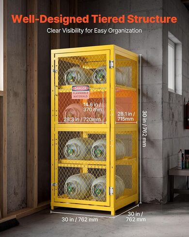 VEVOR Horizontal Cylinder Storage Cabinet, 30"L x 30"W x 70.3"H, 8 Cylinder Capacity, 4-Tier Propane Storage Cage, with Lock and Keys, Yellow Powder-Coated Carbon Steel, for Propane, Oxygen, Nitrogen in Kuwait
