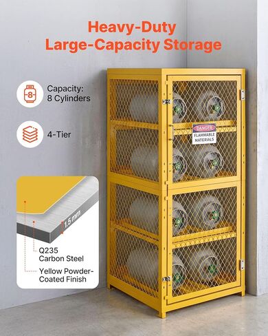VEVOR Horizontal Cylinder Storage Cabinet, 30"L x 30"W x 70.3"H, 8 Cylinder Capacity, 4-Tier Propane Storage Cage, with Lock and Keys, Yellow Powder-Coated Carbon Steel, for Propane, Oxygen, Nitrogen in Kuwait