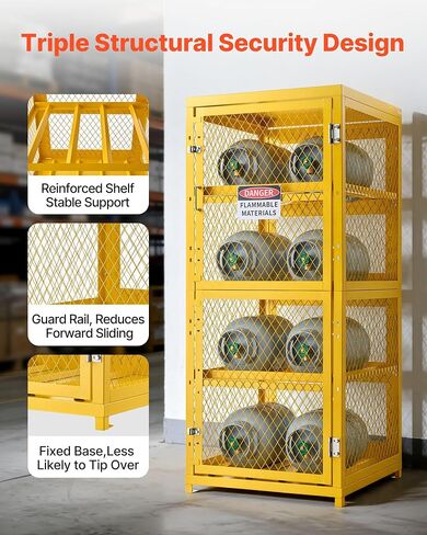 VEVOR Horizontal Cylinder Storage Cabinet, 30"L x 30"W x 70.3"H, 8 Cylinder Capacity, 4-Tier Propane Storage Cage, with Lock and Keys, Yellow Powder-Coated Carbon Steel, for Propane, Oxygen, Nitrogen in Kuwait