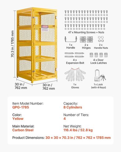 VEVOR Horizontal Cylinder Storage Cabinet, 30"L x 30"W x 70.3"H, 8 Cylinder Capacity, 4-Tier Propane Storage Cage, with Lock and Keys, Yellow Powder-Coated Carbon Steel, for Propane, Oxygen, Nitrogen in Kuwait