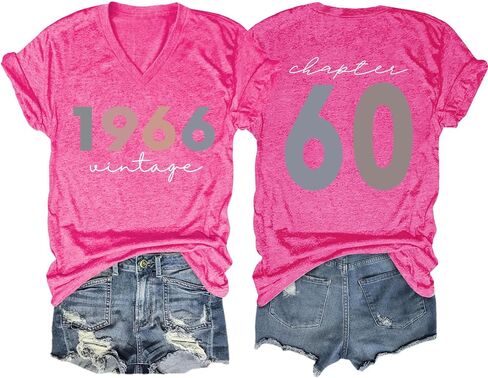 60th Birthday Shirts Women Vintage 1966 Shirts Retro BD Party T-Shirt 60 Years Old Birthday Tees Casual V Neck Tops in Kuwait