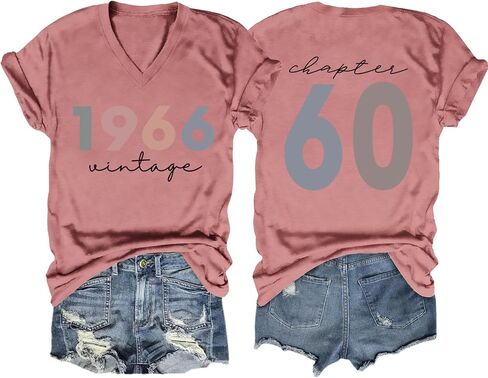 60th Birthday Shirts Women Vintage 1966 Shirts Retro BD Party T-Shirt 60 Years Old Birthday Tees Casual V Neck Tops in Kuwait