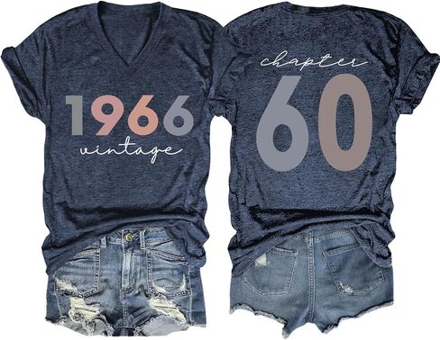 60th Birthday Shirts Women Vintage 1966 Shirts Retro BD Party T-Shirt 60 Years Old Birthday Tees Casual V Neck Tops in Kuwait