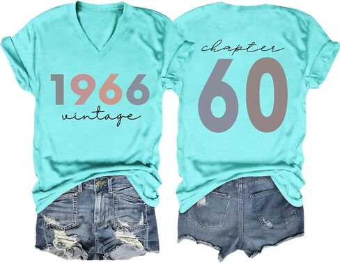 60th Birthday Shirts Women Vintage 1966 Shirts Retro BD Party T-Shirt 60 Years Old Birthday Tees Casual V Neck Tops in Kuwait