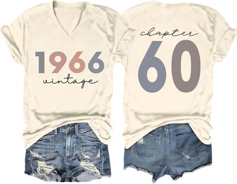 60th Birthday Shirts Women Vintage 1966 Shirts Retro BD Party T-Shirt 60 Years Old Birthday Tees Casual V Neck Tops in Kuwait