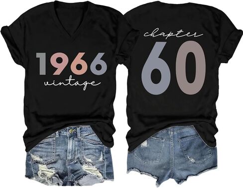 60th Birthday Shirts Women Vintage 1966 Shirts Retro BD Party T-Shirt 60 Years Old Birthday Tees Casual V Neck Tops in Kuwait