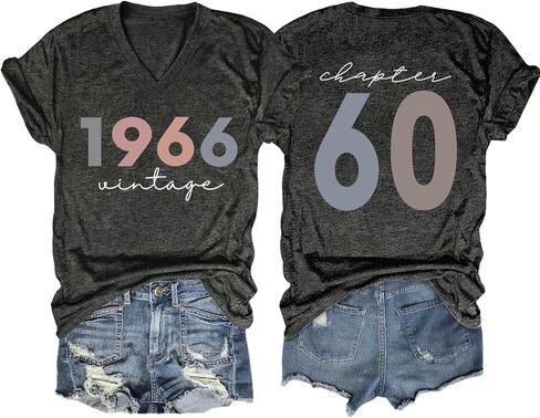 60th Birthday Shirts Women Vintage 1966 Shirts Retro BD Party T-Shirt 60 Years Old Birthday Tees Casual V Neck Tops in Kuwait