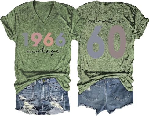 60th Birthday Shirts Women Vintage 1966 Shirts Retro BD Party T-Shirt 60 Years Old Birthday Tees Casual V Neck Tops in Kuwait