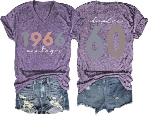 60th Birthday Shirts Women Vintage 1966 Shirts Retro BD Party T-Shirt 60 Years Old Birthday Tees Casual V Neck Tops in Kuwait