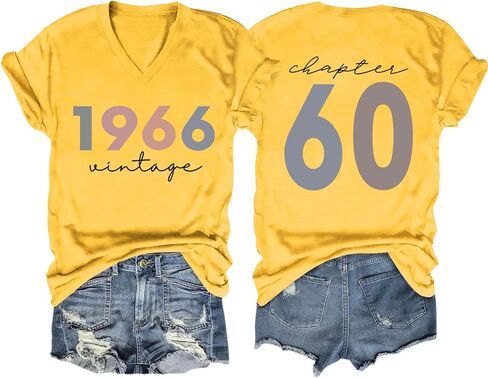 60th Birthday Shirts Women Vintage 1966 Shirts Retro BD Party T-Shirt 60 Years Old Birthday Tees Casual V Neck Tops in Kuwait