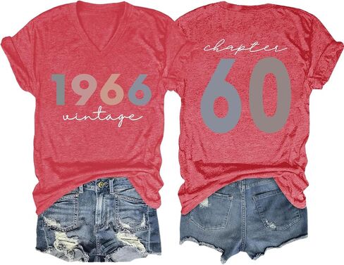 60th Birthday Shirts Women Vintage 1966 Shirts Retro BD Party T-Shirt 60 Years Old Birthday Tees Casual V Neck Tops in Kuwait