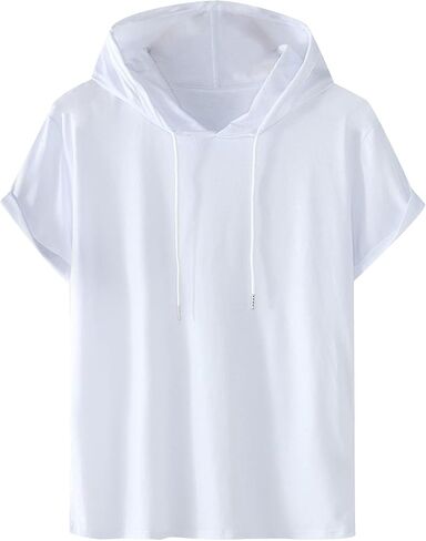 Men's T-Shirts Short Sleeve Summer Beach Drawstring Solid Causal Hooded Shirt Loose Fit Gym Workout Tee Tops 2024 in Kuwait