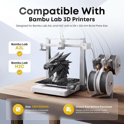 3D Printer Build Plate for Bambu Lab A2L/H2C, PET+PEO, 335x325mm | Dual texture, carbon fiber & diamond finish, flexible spring steel, easy removal, PLA TPU PETG, up to 120°C bed temp in Kuwait