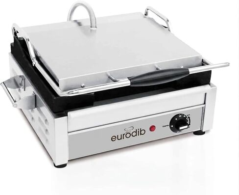 Eurodib SFE02340 مكبس بانيني وشواية ساندويتش تجارية، أطباق مسطحة بالكامل، حديد زهر، ترموستات قابل للتعديل حتى 572 درجة فهرنهايت (300 درجة مئوية)، فولاذ مقاوم للصدأ، 120 فولت in Kuwait