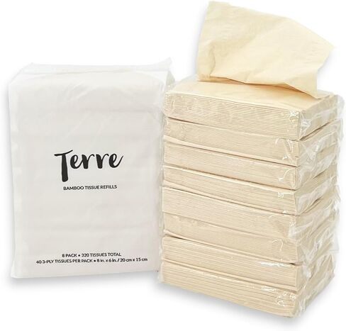 Terre Bamboo Car Tissue Refills, 3-Ply, Unbleached, PFAS Free, 8 Pack (320 Sheets), FSC-Certified, Facial Tissues Refills for Car Visor Tissue Holder, Travel Tissue Tubes Box Container, Sustainable in Kuwait