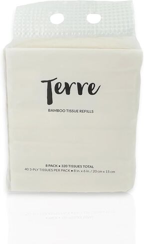 Terre Bamboo Car Tissue Refills, 3-Ply, Unbleached, PFAS Free, 8 Pack (320 Sheets), FSC-Certified, Facial Tissues Refills for Car Visor Tissue Holder, Travel Tissue Tubes Box Container, Sustainable in Kuwait