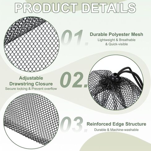 Golf Ball Bag, Nylon Mesh Golf Storage Pouch with Adjustable Drawstring Closure 15.7 x 15.7 Inch & 2Pcs & Black - Fitting for (Outdoor Sports Supplies/Tennis/Swim Gear) in Kuwait