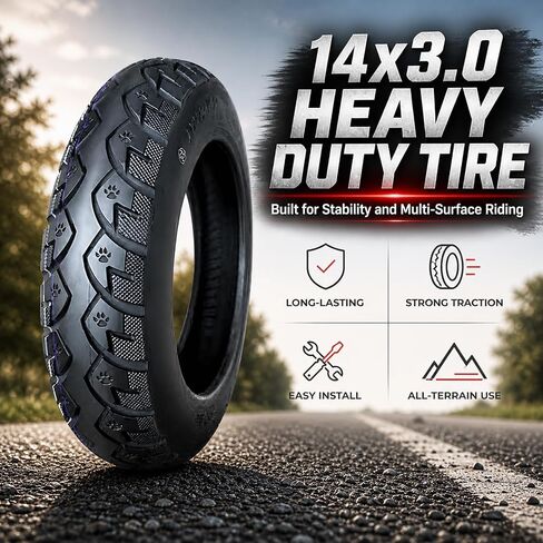 إطار دراجة 14x3.0، إطار بديل 14x3.00، القطر الخارجي 14 بوصة عرض 3.0 بوصة، هيكل نايلون 8PR، سعة تحميل 352 رطل، 300 كيلو باسكال، مداس ثقيل للاستخدام في المناطق الحضرية والطرق الوعرة، 14x3 in Kuwait