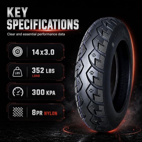 إطار دراجة 14x3.0، إطار بديل 14x3.00، القطر الخارجي 14 بوصة عرض 3.0 بوصة، هيكل نايلون 8PR، سعة تحميل 352 رطل، 300 كيلو باسكال، مداس ثقيل للاستخدام في المناطق الحضرية والطرق الوعرة، 14x3 in Kuwait