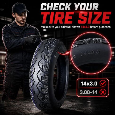 إطار دراجة 14x3.0، إطار بديل 14x3.00، القطر الخارجي 14 بوصة عرض 3.0 بوصة، هيكل نايلون 8PR، سعة تحميل 352 رطل، 300 كيلو باسكال، مداس ثقيل للاستخدام في المناطق الحضرية والطرق الوعرة، 14x3 in Kuwait