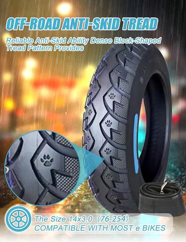 إطار وأنبوب دراجة مقاس 14x3.0 79-254 متوافق مع إطار دراجة ترابية 3.00-10 Street Neumático أقصى تحميل 352 رطل، 300 كيلو باسكال، سرعة 44 فهرنهايت لإطار الدراجة الكهربائية مع مداس مضاد للانزلاق وتصميم سميك in Kuwait