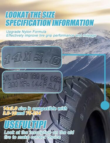 إطار وأنبوب دراجة مقاس 14x3.0 79-254 متوافق مع إطار دراجة ترابية 3.00-10 Street Neumático أقصى تحميل 352 رطل، 300 كيلو باسكال، سرعة 44 فهرنهايت لإطار الدراجة الكهربائية مع مداس مضاد للانزلاق وتصميم سميك in Kuwait