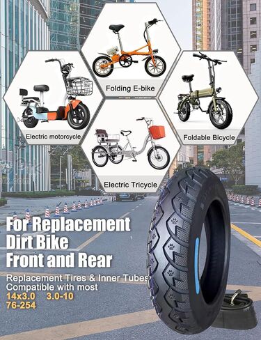 إطار وأنبوب دراجة مقاس 14x3.0 79-254 متوافق مع إطار دراجة ترابية 3.00-10 Street Neumático أقصى تحميل 352 رطل، 300 كيلو باسكال، سرعة 44 فهرنهايت لإطار الدراجة الكهربائية مع مداس مضاد للانزلاق وتصميم سميك in Kuwait