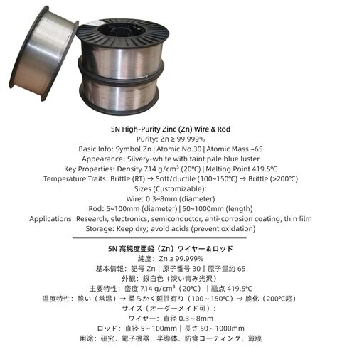 High Purity Zinc Wire Zn≥99.999% 0.3mm-5mm 1M/5M for Research and Industry Φ4.0mm 5m (196.85") in Kuwait