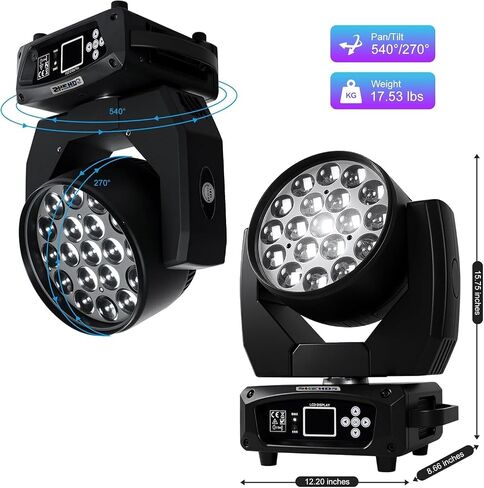 SHEHDS Moving Head Light LED 19x15W RGBW 4in1 B/Wash/Zoom Effect Stage Lights Professional DMX512 & Sound Activated Control DJ Lights for Party Wedding Disco and Nightclub - 1 Pack in Kuwait