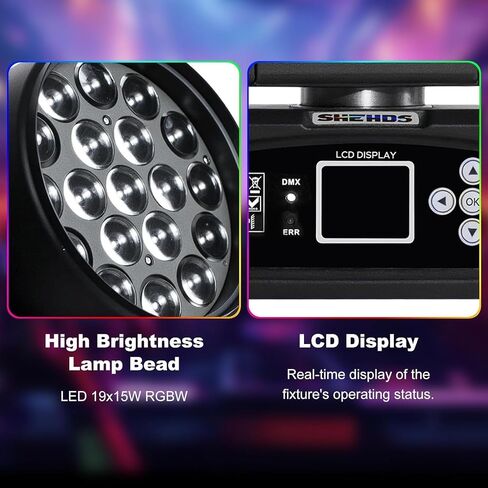 SHEHDS Moving Head Light LED 19x15W RGBW 4in1 B/Wash/Zoom Effect Stage Lights Professional DMX512 & Sound Activated Control DJ Lights for Party Wedding Disco and Nightclub - 1 Pack in Kuwait