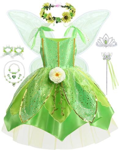 Flowers Fairy Costume Princess Dress Up Set for Girls Tinker Bell Toddler Clothes Halloween Cosplay Costume with Wing, Green in Saudi Arabia
