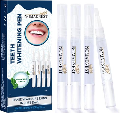 NomadNest Teeth Whitening Pen (4 Pcs) – Painless Teeth Whitener for Sensitive Teeth, Mint Flavor Whitening Gel, Removes Coffee & Tea Stains, Enamel-Safe, Travel-Friendly for a Brighter Smile in Kuwait