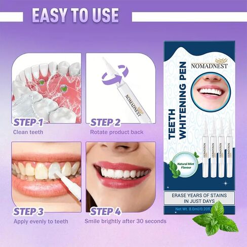 NomadNest Teeth Whitening Pen (4 Pcs) – Painless Teeth Whitener for Sensitive Teeth, Mint Flavor Whitening Gel, Removes Coffee & Tea Stains, Enamel-Safe, Travel-Friendly for a Brighter Smile in Kuwait