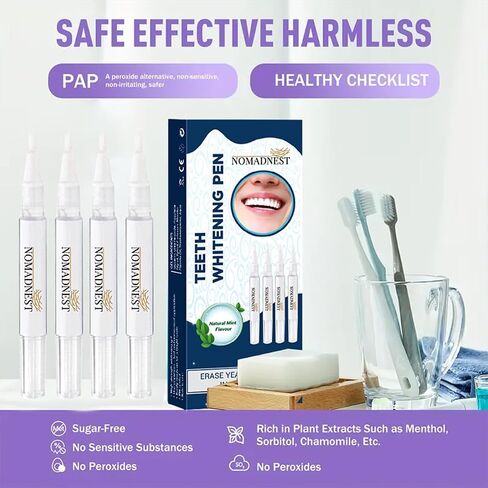 NomadNest Teeth Whitening Pen (4 Pcs) – Painless Teeth Whitener for Sensitive Teeth, Mint Flavor Whitening Gel, Removes Coffee & Tea Stains, Enamel-Safe, Travel-Friendly for a Brighter Smile in Kuwait