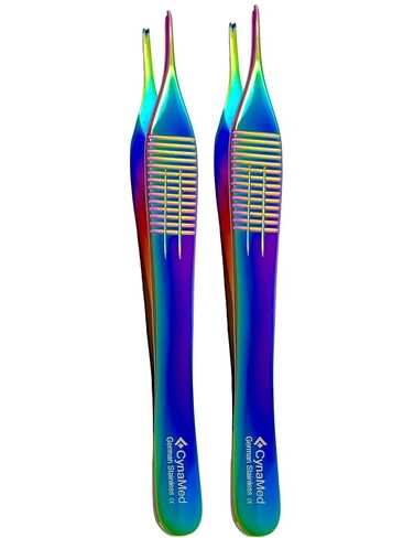 2 Pack | 12cm Adson Kocher Forceps 1x2 Teeth | Rat Toothed Forceps | Rainbow Titanium Finish | German Stainless Steel Tissue Forceps in Kuwait