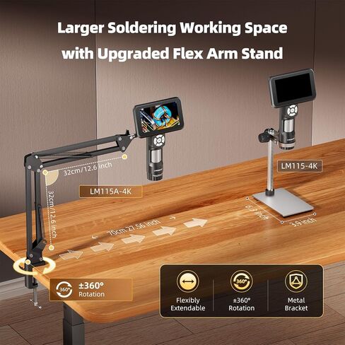 4K HDMI Digital Microscope with Flex Arm Stand, 4K Soldering Microscope Camera for Adults, 5 inch Screen, 3840P Video, 1200X Handheld Coin Magnifier Full View, 8 LED Light, PC View, 32G, LM115A-4K in Kuwait