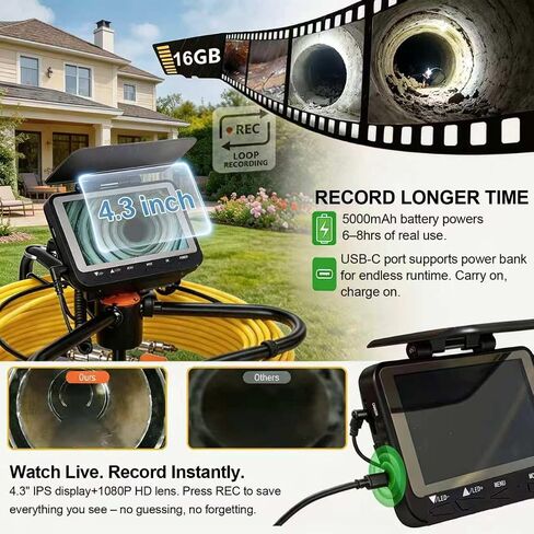 Sewer Camera 30M/100FT 4.3" HD Screen, 1080P Drain & Plumbing Inspection, 17mm Probe 6LED, IP68 Waterproof, 10000mAh Battery, 16GB Card, Cable Counter for Pipe Sewer in Kuwait
