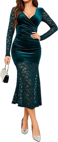 Women Wrap V Neck Velvet Lace Formal Elegant Dress in Saudi Arabia