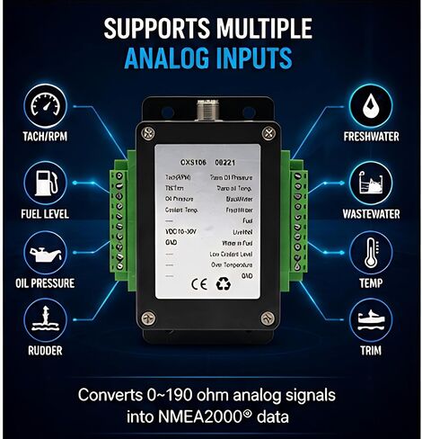 MarineNow CX5106 Single Channel NMEA2000 Converter 0-190 Ohm Up to 13 Sensors Marine Boat Signal Transfer Module Waterproof 9-32V DC Compatible with Fuel Oil Pressure Temp RPM Trim Sensors in Kuwait