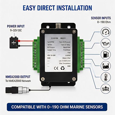 MarineNow CX5106 Single Channel NMEA2000 Converter 0-190 Ohm Up to 13 Sensors Marine Boat Signal Transfer Module Waterproof 9-32V DC Compatible with Fuel Oil Pressure Temp RPM Trim Sensors in Kuwait