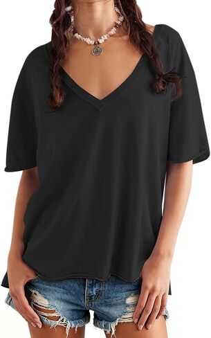 Womens Oversized T Shirts Loose Fit V Neck Short Sleeve Tops Summer Casual Blouse Trendy 2025 Basic Tee in Saudi Arabia
