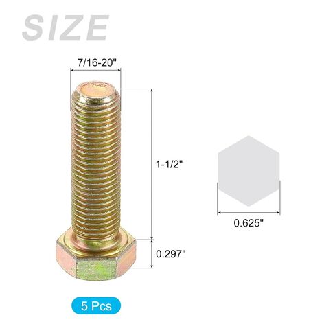 مسامير سداسية من METALLIXITY (7/16-20 × 1-1/2 بوصة) 5 قطع، مطلية بالزنك من الفولاذ الكربوني 8 درجة، خيط رفيع من UNF، محرك سداسي خارجي، مسمار لولبي سداسي الرأس - لإصلاح الأثاث، أصفر in Kuwait