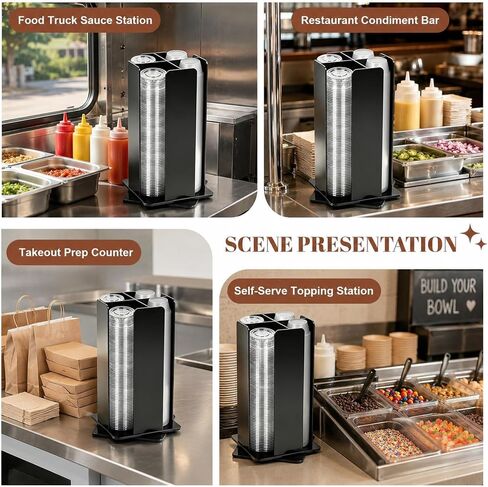 Geetery Rotating Portion Cup and Lid Organizer with 4 Compartments Acrylic Portion Cup Dispenser Holder Carousel Storage for Food Truck Accessories Countertop Coffee Station Restaurant Beverage in Kuwait